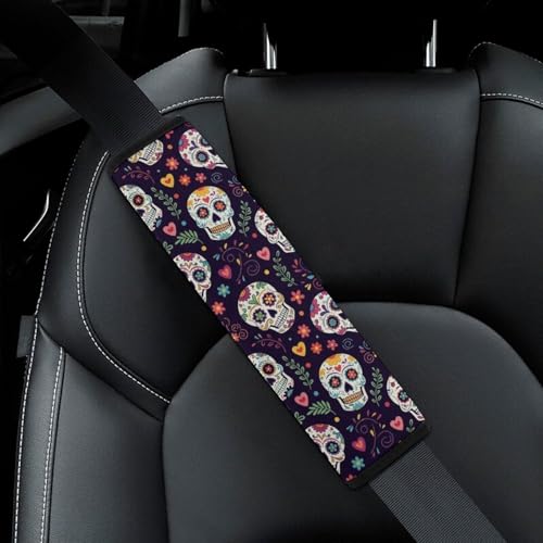 2 Pack Universal Soft and Comfortable Car Seat Belt Pad for Girls and Boys, Stroller Pushchair High Chair, Day of The Dead Sugar Skulls Hearts Flowers Shoulder Protector - color: Pattern 1111