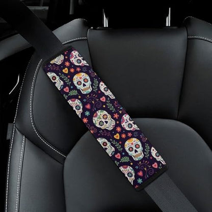 2 Pack Universal Soft and Comfortable Car Seat Belt Pad for Girls and Boys, Stroller Pushchair High Chair, Day of The Dead Sugar Skulls Hearts Flowers Shoulder Protector - color: Pattern 1111