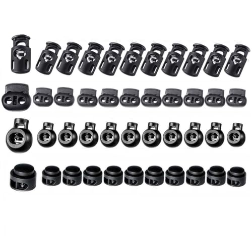 60 PC Plastic Spring Cord Lock, Black Toggle Stopper with 4 Size (60 PCS Cord Locks (Black)) | for Paracord, Shoelaces, Clothing and Bags，Drawstring Sweatpants Hoodie String Clip Elastic Shoeslace Lock - color: 60 Pcs Cord Locks (Black)