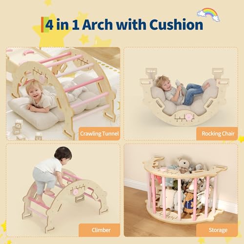 OUTLANE Pikler Triangle Set, 7-in-1 Foldable Wooden Toddler Climbing Toys Indoor, Jungle Gym for Toddlers, Large Montessori Climbing Set with Reversible Slide, Arch Ramp, Ladder & Cushion (Pink) - color: Pink