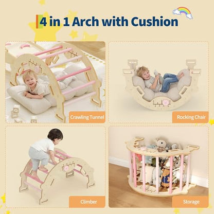 OUTLANE Pikler Triangle Set, 7-in-1 Foldable Wooden Toddler Climbing Toys Indoor, Jungle Gym for Toddlers, Large Montessori Climbing Set with Reversible Slide, Arch Ramp, Ladder & Cushion (Pink) - color: Pink