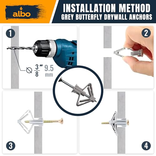 ALBO Drywall Anchor Kit Hollow Wall with Screws 100 pcs. (Grey Anchor 50pcs + Screws 50pcs) Plastic Hollow Wall Drilling Anchors - color: Grey 50pcs