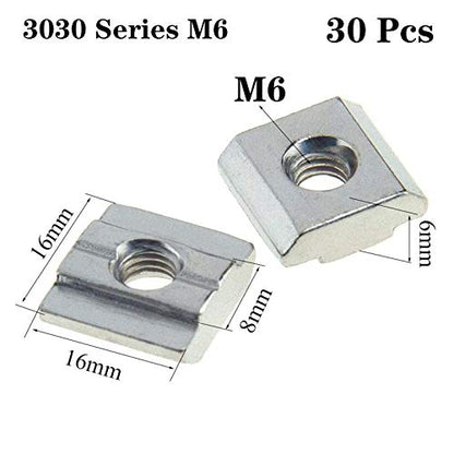 30pcs 3030 Series Sliding T Nuts Metric M6 Thread Slide in Hammer Head T-Nut for Standard 8mm T-Slot Aluminum Extrusion Profile （3030 Series M6） - size: 3030 Series M6