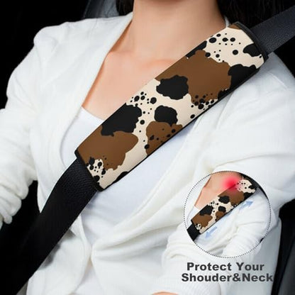 2PCS Breathable Car Seat Belt Pad for Elderly Support, Stroller Pushchair High Chair, Animal Brown Black Milky White Fur Western Cute Cow Print Seat Belt Cushion, Anti-Slip Pad - color: Pattern 481