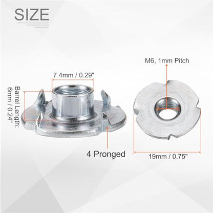 HARFINGTON M6x6mm T-Nuts 4 Pronged Tee Nut 0.75" x 0.24" Fully Thread Carbon Steel Inserts for Wood, Rock Climbing Holds, Cabinetry, Furniture 50pcs - size: M6x6mm