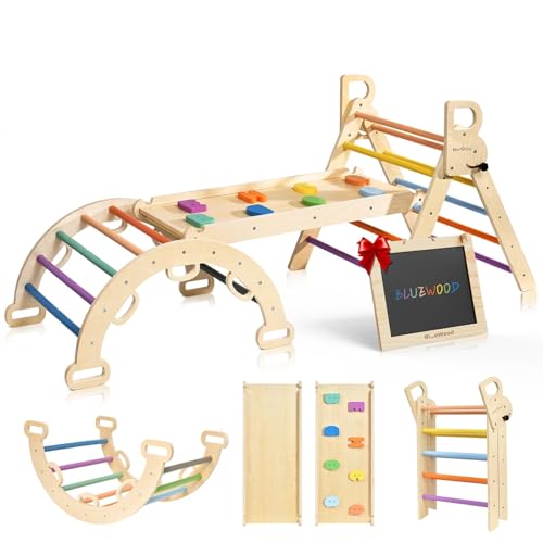 BlueWood Pikler Triangle Set for 2-6 Years Old (Rainbow) | 7-In-1 Foldable Wooden Toddler Climbing Toys, Montessori Jungle Gym for Indoor Activity, Balance and Imaginative Play - color: Rainbow