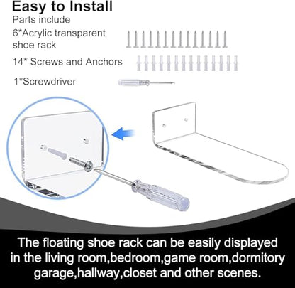 Acrylic Floating Shoe Rack (Set of 6) Wall Mount Display Shoe Rack Transparent Storage Rack for Home Use Sneaker Display Rack with Screws and Anchors
