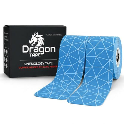 Dragon Tape Copper Infused Kinesiology Tape, Blue, Double Roll | 20 Precut Strips per Roll, Water Resistant, Elastic Athletic Tape, Muscle Strain & Joint Support, Weightlifting & Recovery - color: Blue, size: Double Roll