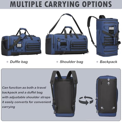 50L Tactical Gym Bag for Men and Women with Shoe & Laptop Compartment | Extra Large Duffle Bag, 3-in-1 Travel Sports Duffel Bags MOLLE Weekender Overnight Bag for Gym, Travel, Black+ Blue - color: Black+Blue