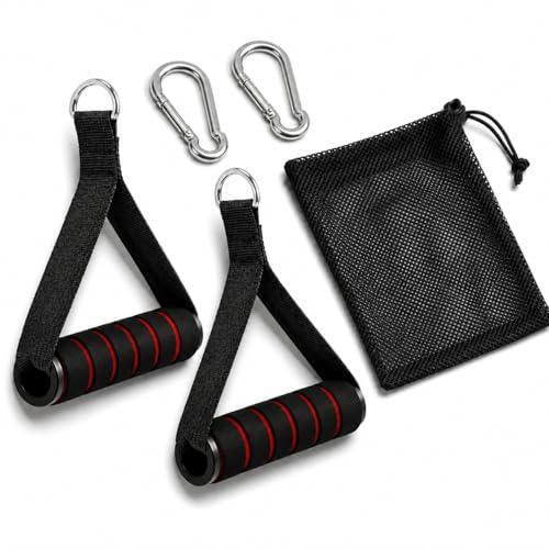 Cable Machine Handles 2 Pack, Foam Grip Exercise Handles with Carabiners and Mesh Bag for Lat Pulldown, Cable Rows, Tricep Pushdown, Resistance Bands and Home Gym Workouts