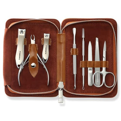 FAMILIFE Manicure Set, Nail Clippers Pedicure Tool, 8 pcs Stainless Steel Manicure Kit Professional Grooming Tool, Nail Kit with Portable Brown Leather Travel Case Luxury Gifts for Men Women - color: Brown-1