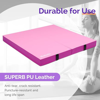 Matladin 4” Thick Folding Gymnastics Gym Exercise Aerobics Mat, 4ft x 4ft x 4in PU Leather Tumbling Mats for Stretching Yoga Cheerleading Martial Arts