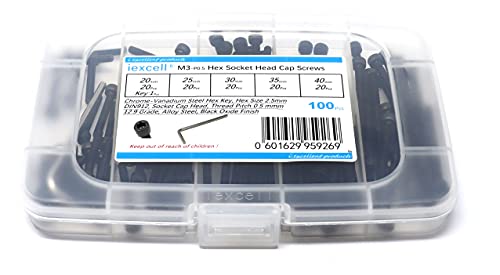 iexcell 100 Pcs M3 x 20/25/30/35/40 Alloy Steel 12.9 Grade Hex Socket Head Cap Screws Bolts Assortment Kit, Black Oxide Finish - size: M3 x 20/25/30/35/40mm