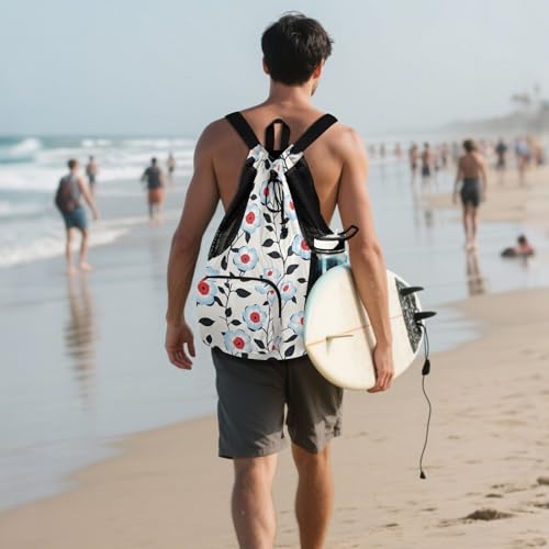 Drawstring Gym Bags For Men Women Climbing Gym Bag With Inside Pockets Cinch Back Sack Waterproof Light Blue Flora Pattern Minimalist Style Gray