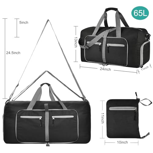 Dimayar 65L Foldable Duffle Bag, Travel & Weekender, Overnight, Gym | Lightweight, Carry-on, Packable, Waterproof & Tear Resistant, Travel Duffel Bag with Shoes Compartment for Men Women - color: Black, size: 65L