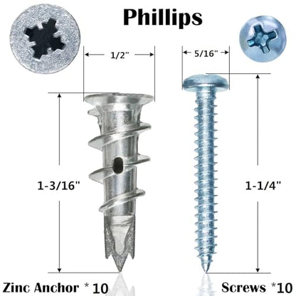 #8 Metal Zinc Self Drilling Hollow Metal Wall Anchors and Screws Kit | 10 No Pre Drill Hole Required Heavy Duty Drywall Anchors, 10 #8 x 1-1/4'' Screws for Drywall Hanging/Mounting-Hold Upto 75lbs - size: Silver Metal