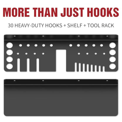Heavy Duty Metal Pegboard Wall Organizer with 30 Hooks, Shelf and Tool Rack | Extra thick rustproof metal with 2 storage boxes, drywall anchors and screws for garage, workshop, gym and tool storage