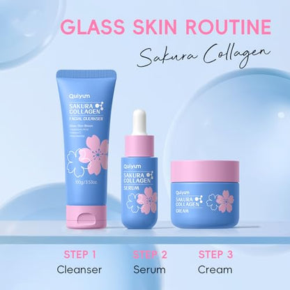 QUIYUM Sakura Collagen Skin Care Set - 5pcs Skincare for Women Teens | Facial Cleanser, Serum, Cream, Facial Brush, Hair Band & Makeup Bag, Deep Cleansing, Hydrating, Firming, Even Tone, Radiance - size: 5 Count (Pack of 1)