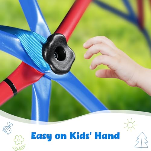 Hapfan Climbing Dome with Climbing Cargo Net, 10 ft Dome Jungle Gym with Hammock for Kids Outdoor Playset Monkey Bars Backyard (Red and Blue) - color: Red and Blue