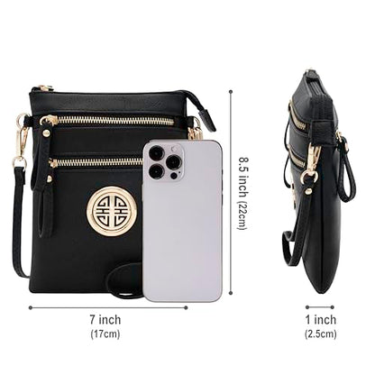 Solene Small Multi Zipper Pockets Crossbody Bag with Detachable Wristlet - color: Black