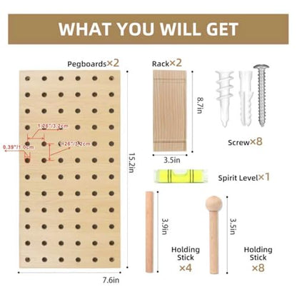 2 Pack Beige Wooden Pegboard Modular Wall Organizer | Includes hooks & shelf, multi-use for home/office/bathroom/laundry room - color: Begie