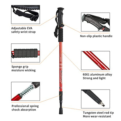 Aihoye Trekking Poles,Adjustable Shock Absorbing Hiking Walking Stick-2Pcs | Aviation aluminum,Collapsible, Lightweight, All-terrain walking poles, Carry bag included - color: red