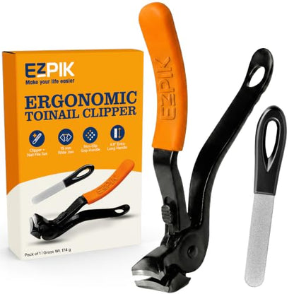 EZPIK Thick Toe Nail Clippers for Seniors with Nail File Set, Ergonomic Nail Cutter with 4.8” Long Handle, Angled Head & Stainless Steel Blades, Comfortable Toenail Clippers for Weak & Arthritic Hands