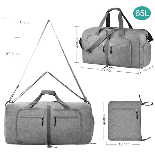 Dimayar 65L Foldable Duffle Bag, Travel & Weekender, Overnight, Gym | Lightweight, Carry-on, Packable, Waterproof & Tear Resistant, Travel Duffel Bag with Shoes Compartment for Men Women - color: Grey, size: 65L