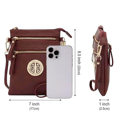 Solene Small Multi Zipper Pockets Crossbody Bag with Detachable Wristlet - color: Burgundy