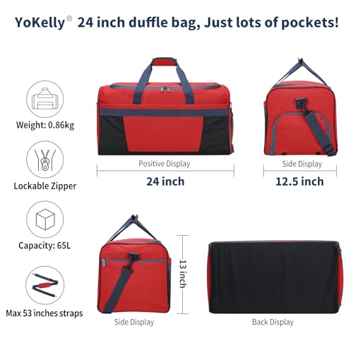 65L Gym Bag for Men, Wet Pocket, Shoe Compartment, 24 inch, Red | 8 Compartments / Pockets, Spacious, Large Sports Duffle Bag for Weekend Travel - color: Red