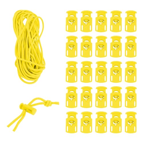 Mandala Crafts Yellow Shock Cord & Cord Locks for Elastic Drawstrings | 10 YDs Bungee String, 25 Spring Toggle Clips, End Stopper Clamps, for Shoelaces, Paracord, Jackets, Hoodies, Backpacks - color: Yellow