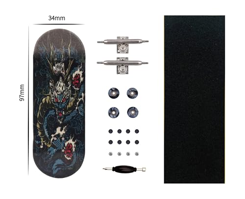 Pro Fingerboard 34mm Wooden Board Professional Finger Skateboard Trucks CNC Swirl Wheels (Dragon)