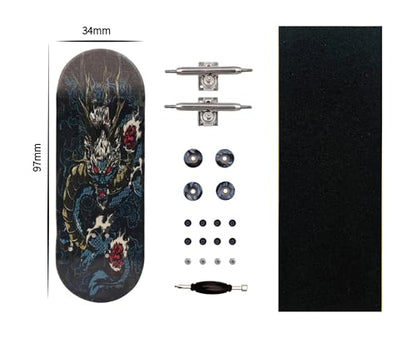Pro Fingerboard 34mm Wooden Board Professional Finger Skateboard Trucks CNC Swirl Wheels (Dragon)