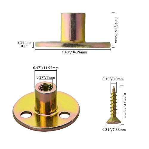 WMYCONGCONG 64PCS Iron Plate Nut Screw Set 5/16” Brad Hole Tee T-nut with Round Base Furniture Hardware Flange Insert Female Thread T-Nut with Mounting Screws Set (5/16" - 64Pcs) - size: 5/16”