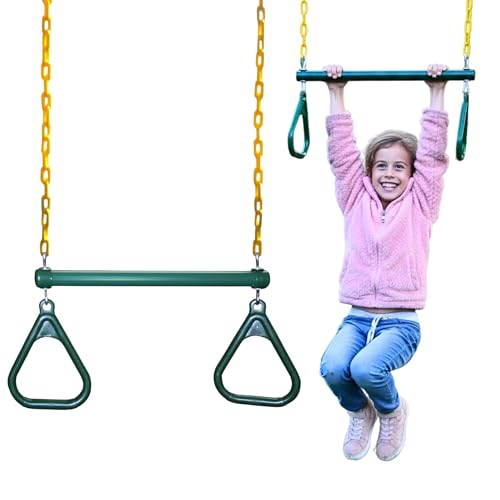 Eastern Jungle Gym Heavy-Duty Ring Trapeze Bar Combo | Large 20" Trapeze Swing Bar with Triangular Gymnastic Rings and Pinch-Free Coated Swing Chains 43" Long