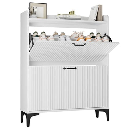 HIFYOBRO Narrow Shoe Storage Cabinet for Entryway, Shoe Cabinet with 2 Flip Drawers, Hidden Shoe Rack with Fluted Panel, Modern Freestanding Shoes Organizer for Hallway (White)
