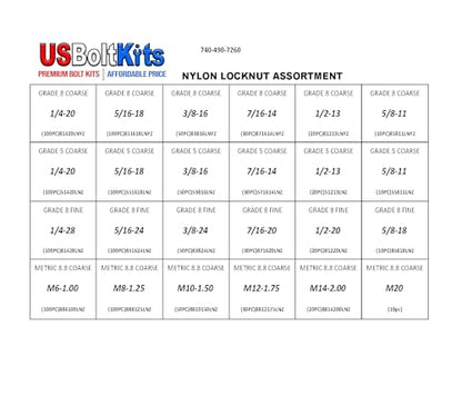 1200pcs Nylon Locknut Assortment USS, SAE, and Metric | Coarse and Fine Thread Grade 8, 5, and 8.8 (See Description for Quantities)