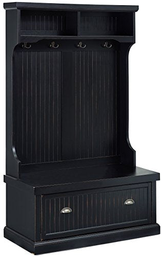 Crosley Furniture Seaside Hall Tree with Shoe Rack Bench and Hooks for Hanging Storage, Distressed Black - color: Distressed Black, style: Hall Tree