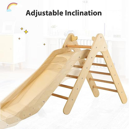 OLAKIDS Pikler Triangle Set 2 in 1 Climbing Toys for Toddlers Foldable Wood Montessori Baby Jungle Gym with Ladder Ramp Slide Kids Indoor Playground Activity Play Structure - color: Natural