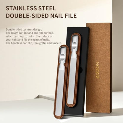 ZIZZON Professional Stainless Steel Nail Files Double Sided for Women and Men, Heavy Duty Reusable Manicure Filer for Natural Nails, Great for Home Salon or Travel Use 2 Pieces