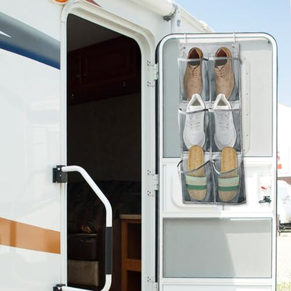2 Pack Hanging Shoe Organizer for Closet,6 Mesh Pockets Wall Mounted Shoes Rack,Hanging Over the Narrow Door Shoe Organizer for RV Camper,Travel Camping,Cruise Ship,Dorm,Guest Room(Grey) - size: 2 PCS