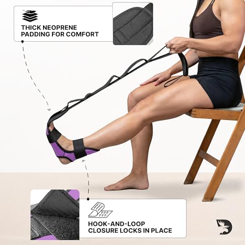 DMoose Fitness Foot & Calf Stretcher with Adjustable Padded Stretching Strap for Plantar Fasciitis, Hamstring, Heel Spurs and Achilles Tendonitis Relief - Yoga Leg Stretch Strap for Flexibility - color: Purple