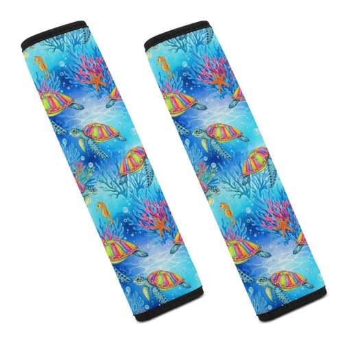 2PCS Breathable Seat Belt Cover for Adults and Children, Most Cars, Sea Turtle Blue Coral Shoulder Harness Cover, Shock Absorption - color: Pattern 1213