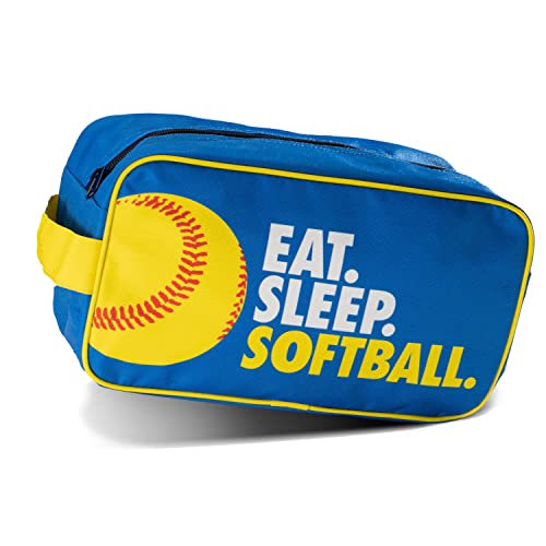 ChalkTalkSPORTS Softball Toiletry Bag - Eat Sleep Softball - Yellow Blue | Polyester, Center Zipper, Side Handle, 11 x 6 x 5 Inches, Sports Camp Bag, Makeup Bag, Makeup Pouch, Softball Gift - color: Eat Sleep Softball
