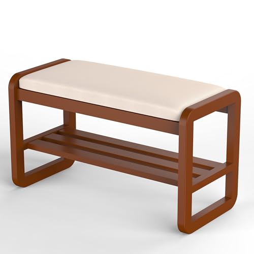 Solid Wood Shoe Rack, 2 Tier Shoe Storage Bench with Cushion Seat, 8 Pair Shoe Organizer for Entryway, Cherrywood, 32 Inch - color: Cherrywood, size: 31.5*14.17*16.54