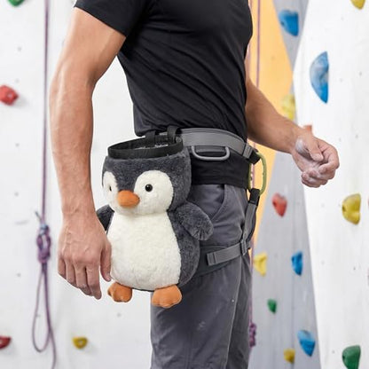 Penguin Rock Climbing Chalk Bag, Fun Plush Animal Chalk Pouch with Drawstring, Adjustable Waist Belt for Indoor Outdoor Bouldering Sport Climbing,Gray