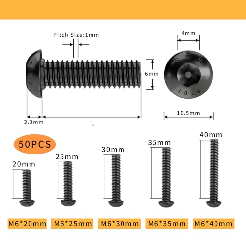 M6 x 20mm 25mm 30mm 35mm 40mm Button Head Socket Cap Screws Bolts, 10.9 Grade Alloy Steel, Metric Allen Hex Drive, Black Oxide Finish, Fully Threaded, Assortment Kit 50Pcs - size: Button Head M6x20, 25, 30, 35, 40mm(50pcs)
