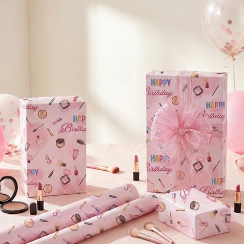 Liobelon Threenager Birthday Wrapping Paper Roll – 17" x 16.5 Ft Girl Gift Wrap with Watercolor Cosmetics & Lip Print Design, Teen Girl Party Supplies for 3rd Birthday, Daughter Sister Gift Wrap - color: Threenager