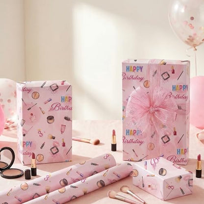 Liobelon Threenager Birthday Wrapping Paper Roll – 17" x 16.5 Ft Girl Gift Wrap with Watercolor Cosmetics & Lip Print Design, Teen Girl Party Supplies for 3rd Birthday, Daughter Sister Gift Wrap - color: Threenager