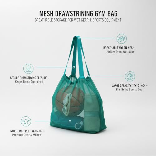 Mesh Drawstring Gym Bag, Breathable Nylon Storage for Wet Gear and Sports Equipment, 17 x 15 Inch (1 PC) - color: Green